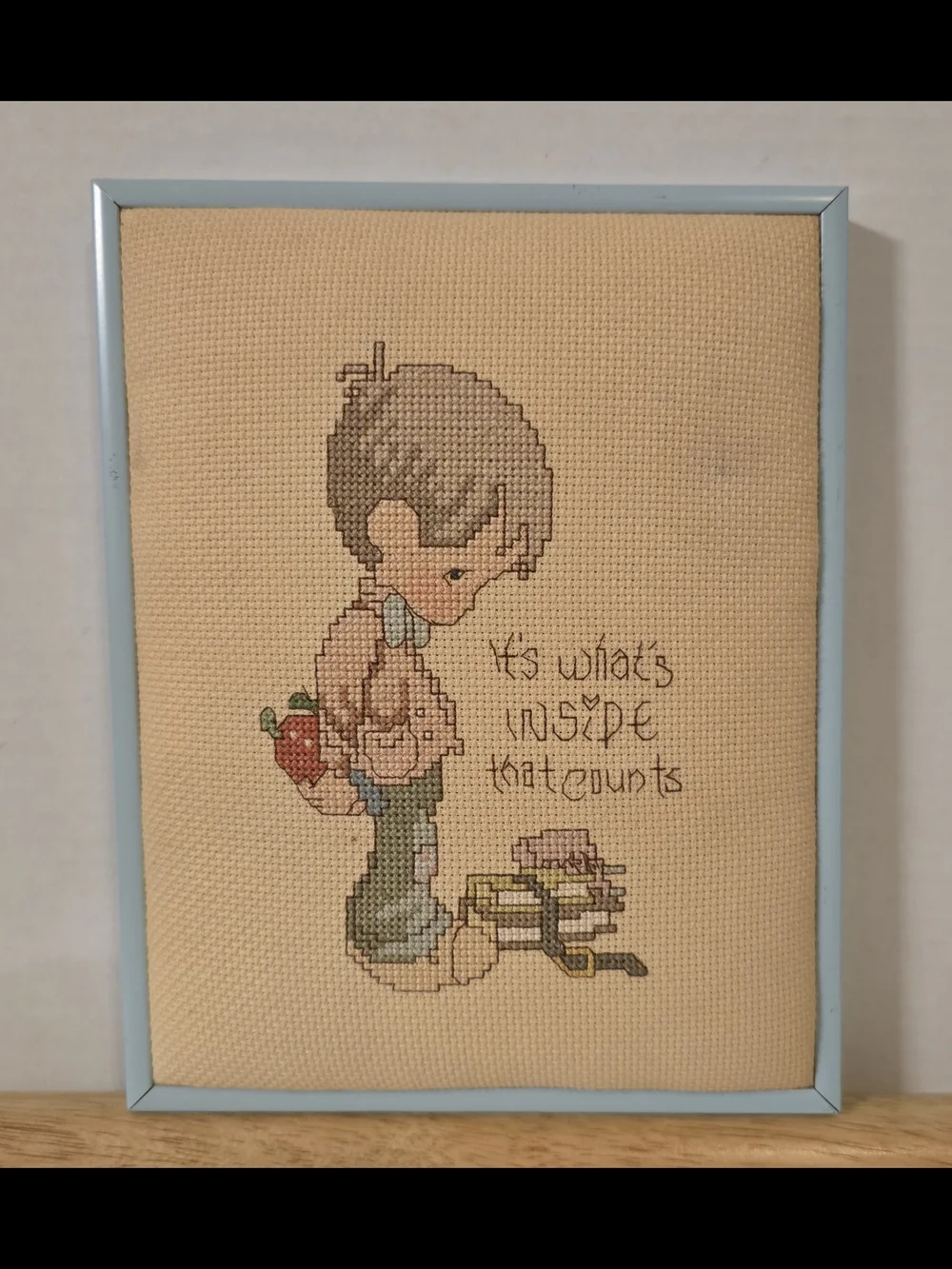 Vintage Precious Moments Cross Stitch Framed Its Whats Inside That Counts 9x11